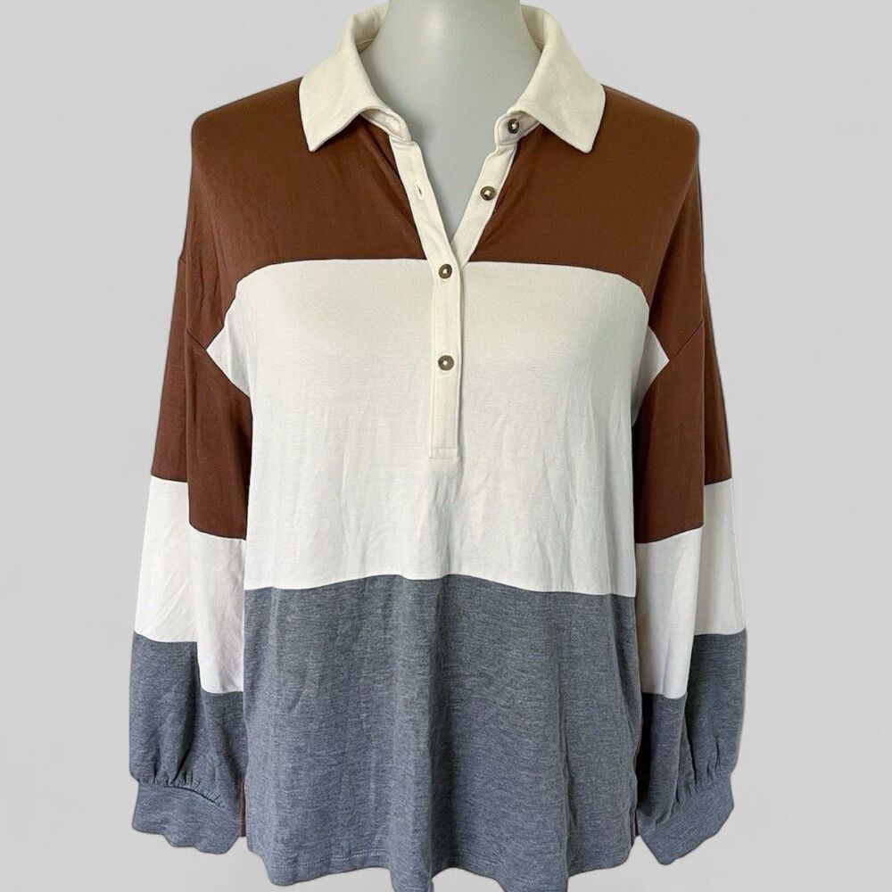 Maurices Long Sleeve Rayon Rugby Polo Shirt Henley Top M Medium Colorblock Tee